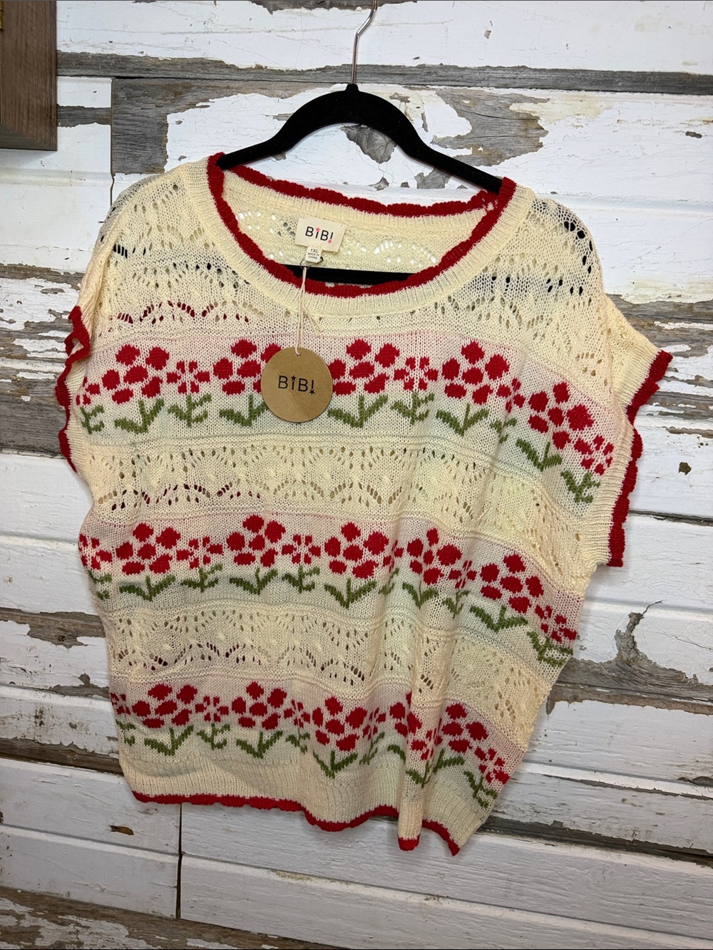 BiBi Cream Knit Sweater with Red Floral Stripes and Green Accents (26